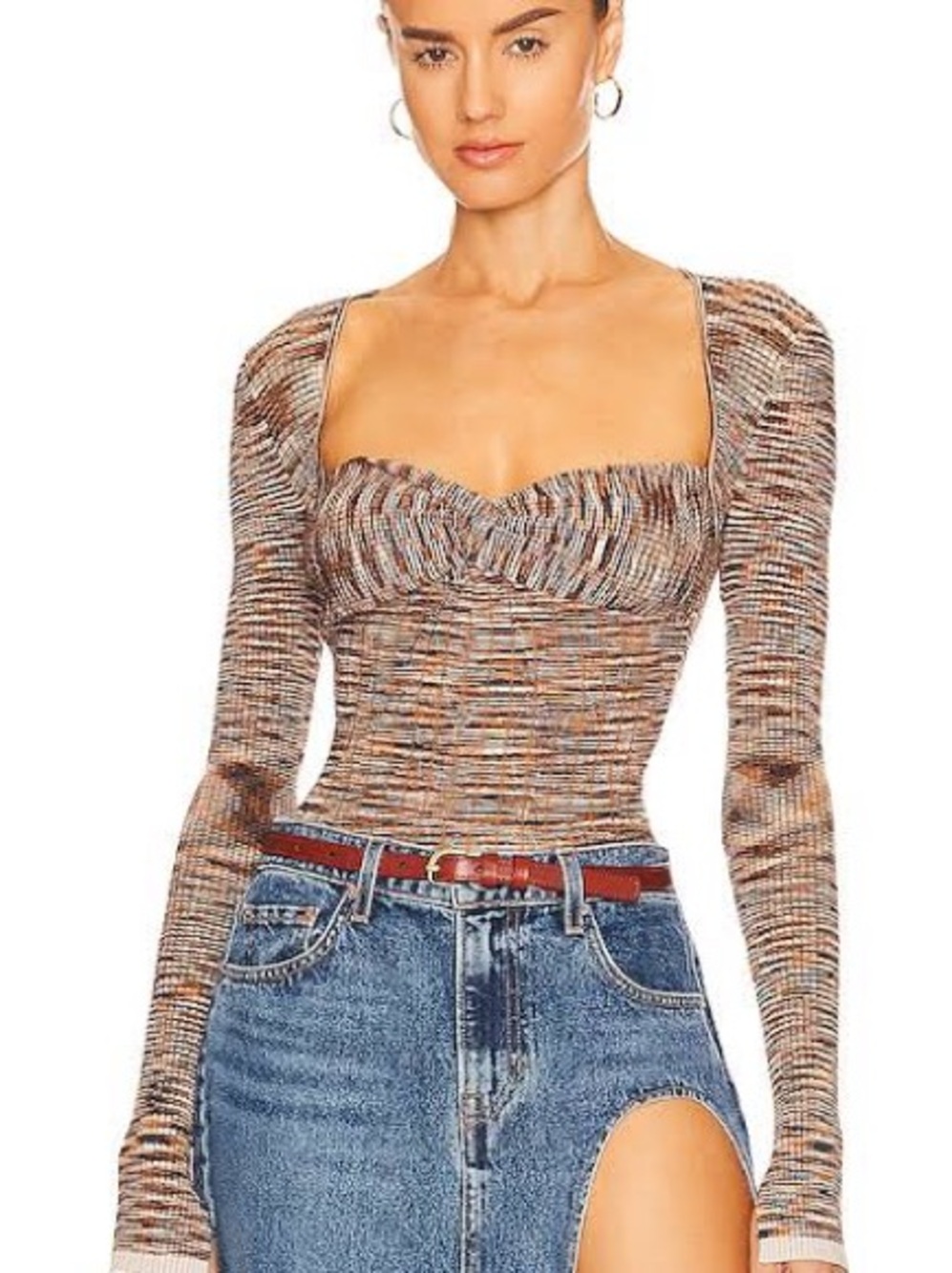 Square-Neck Ribbed Long Sleeve Top in Multitone Brown